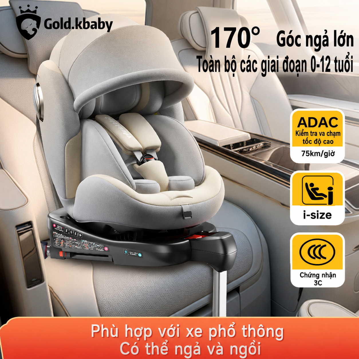 Ghế Ngồi Ô Tô Cho Bé 0-12 Tuổi - ISOFIX, i-Size - Mái Che 2 Màu Kem:Xám - Jinko Beibei kem