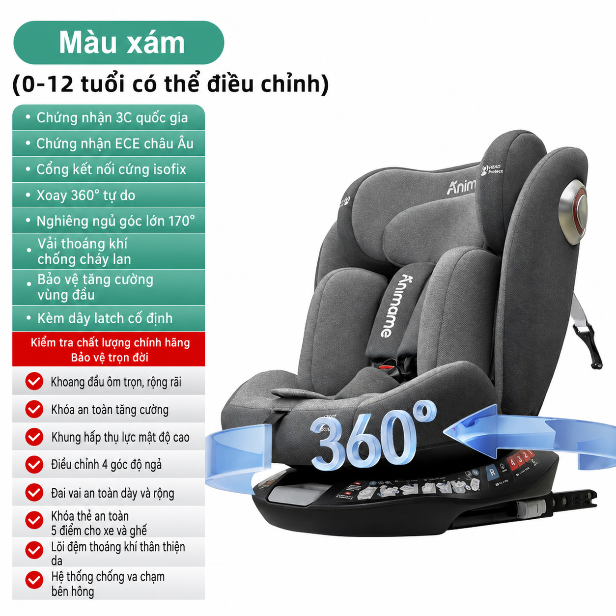 Ghe Ngoi O To Cho Be 0 12 Tuoi – Co Mai Che ISOFIX – Animame Mau DenXam