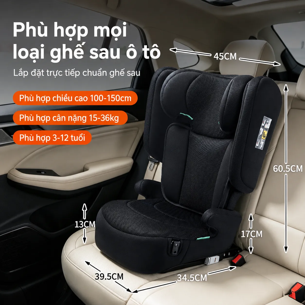 Ghế Ngồi Ô Tô Trẻ Em 3-12 Tuổi (15-36kg) - Có Isofix & i-Size - Gấp Gọn, Có Khay Đựng Cốc, Đệm Vải Giặt Được
