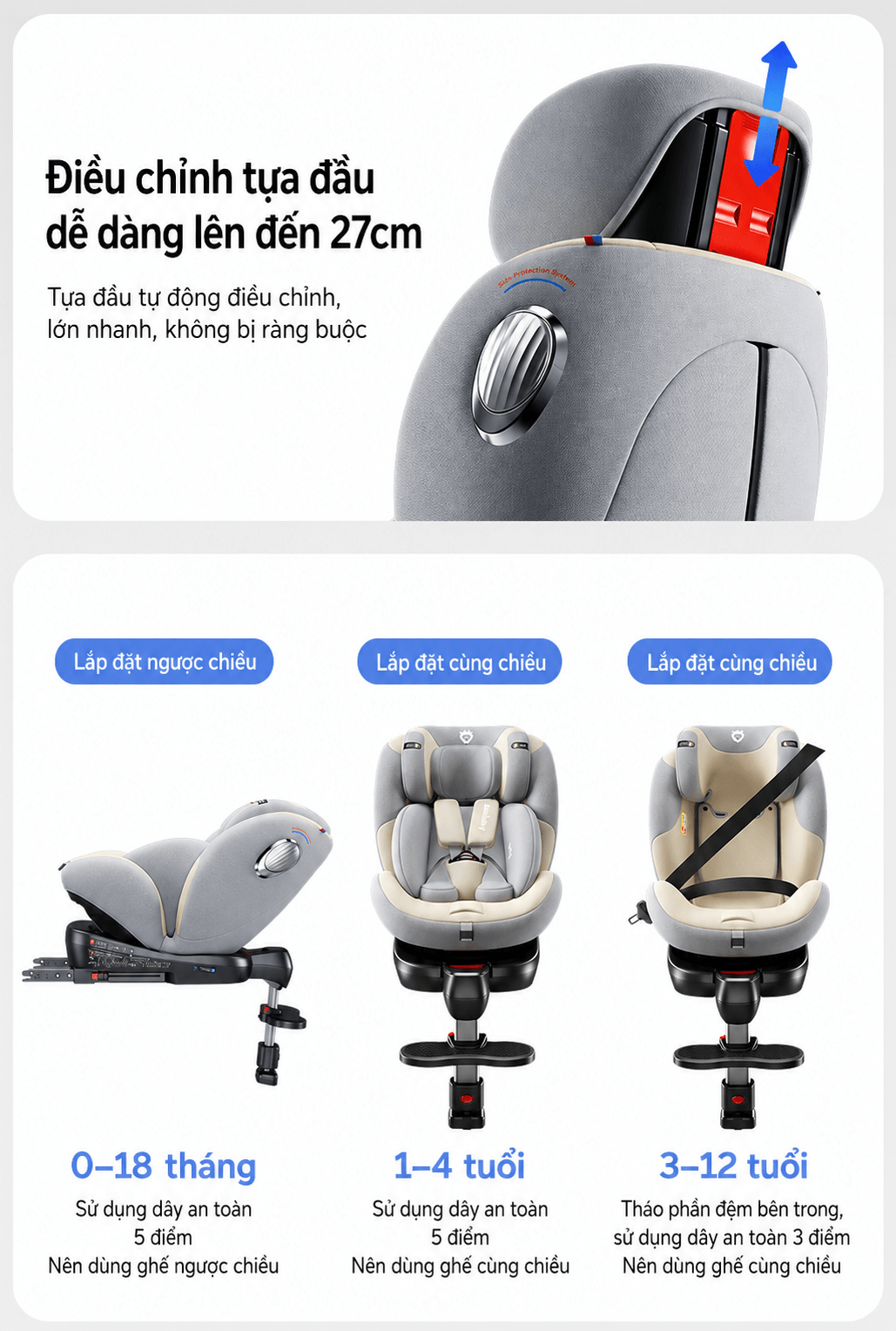 Jinko Beibei Ghe Ngoi O To Cho Be 0 12 Tuoi ISOFIX i Size Mai Che 2 Mau Kem Xam 22